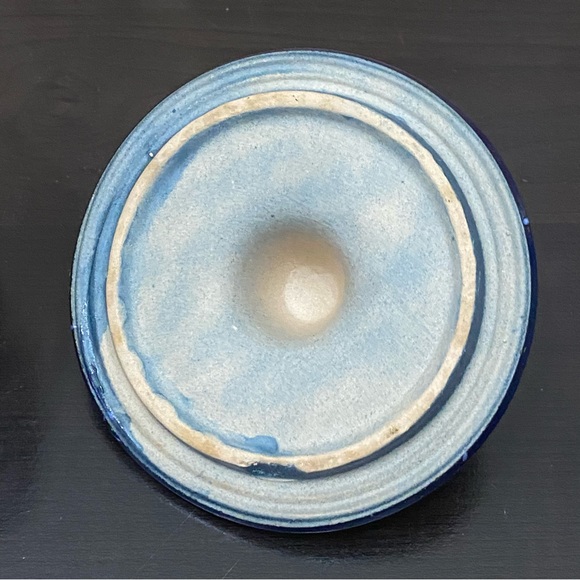 Vintage Stoneware Crock Speckled Cobalt Blue Butter Cheese Crock Jar Wired Lid - Picture 14 of 16